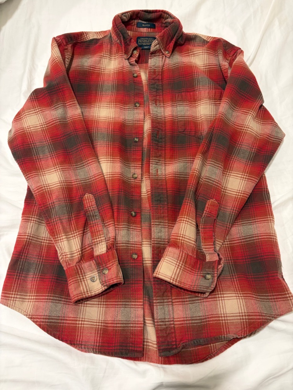 Pendleton Red and Cream Plaid Wool Button-Down Shirt
